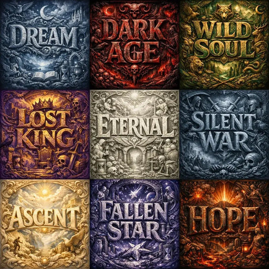 Example output collage showing nine square typographic relief artworks. Each panel features a single word carved into stone or metal-style lettering, surrounded by cinematic fantasy scenes with dramatic lighting, sculptural depth, and rich textures.