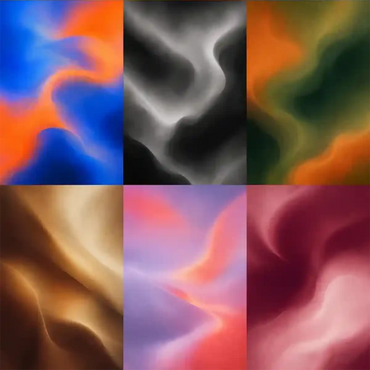 Example output from the Ethereal Grain Gradients ChatGPT prompt: a set of atmospheric grainy gradient backgrounds with smooth organic flow and cinematic color transitions — blue-and-orange, black-and-white, green-and-orange, warm brown, purple-and-red and pink tones with soft analog grain.