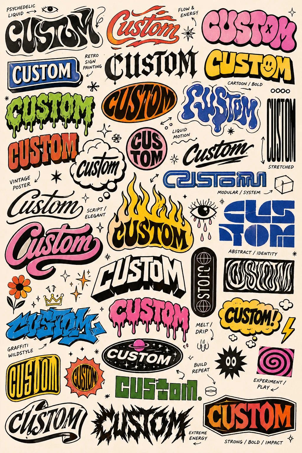 Example output from the Experimental Lettering Concept Sheets ChatGPT prompt: a sketchbook-style lettering concept page exploring the word 'Custom' in dozens of hand-lettering and typographic styles with annotations on off-white paper.