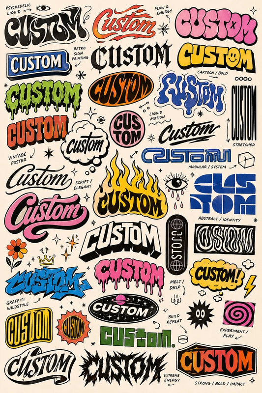 Example output from the Experimental Lettering Concept Sheets ChatGPT prompt: a sketchbook-style lettering concept page exploring the word 'Custom' in dozens of hand-lettering and typographic styles with annotations on off-white paper.