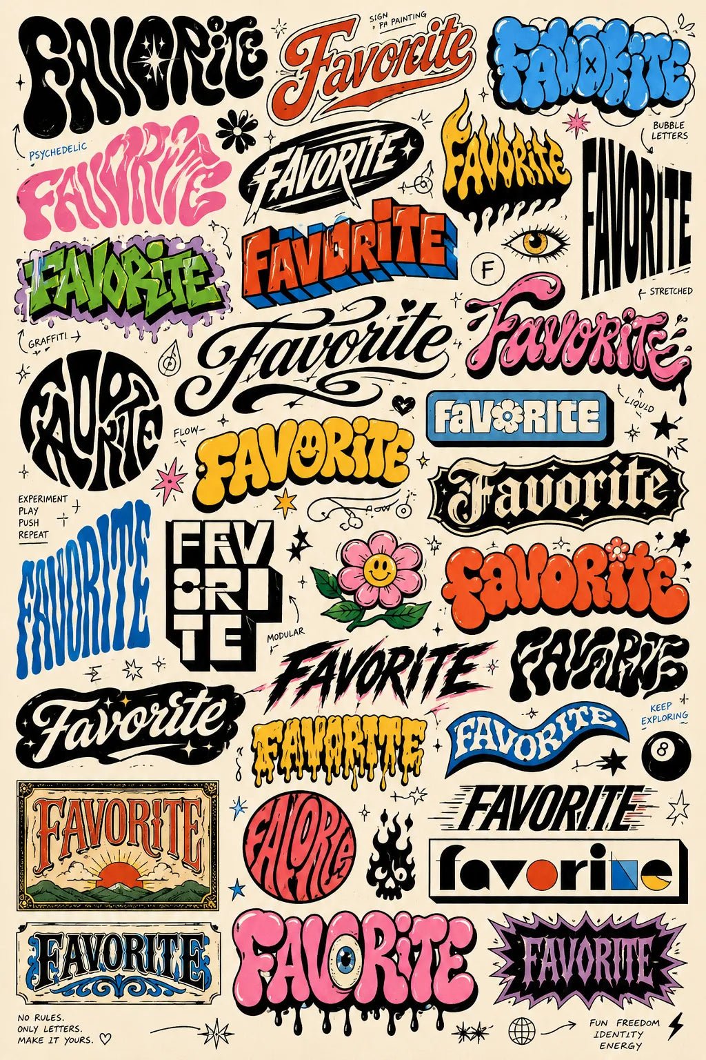 Example output from the Experimental Lettering Concept Sheets ChatGPT prompt: a sketchbook-style lettering concept page exploring the word 'Favorite' in dozens of hand-lettering and typographic styles with annotations on off-white paper.