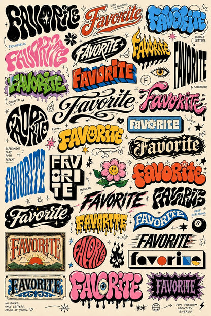 Example output from the Experimental Lettering Concept Sheets ChatGPT prompt: a sketchbook-style lettering concept page exploring the word 'Favorite' in dozens of hand-lettering and typographic styles with annotations on off-white paper.