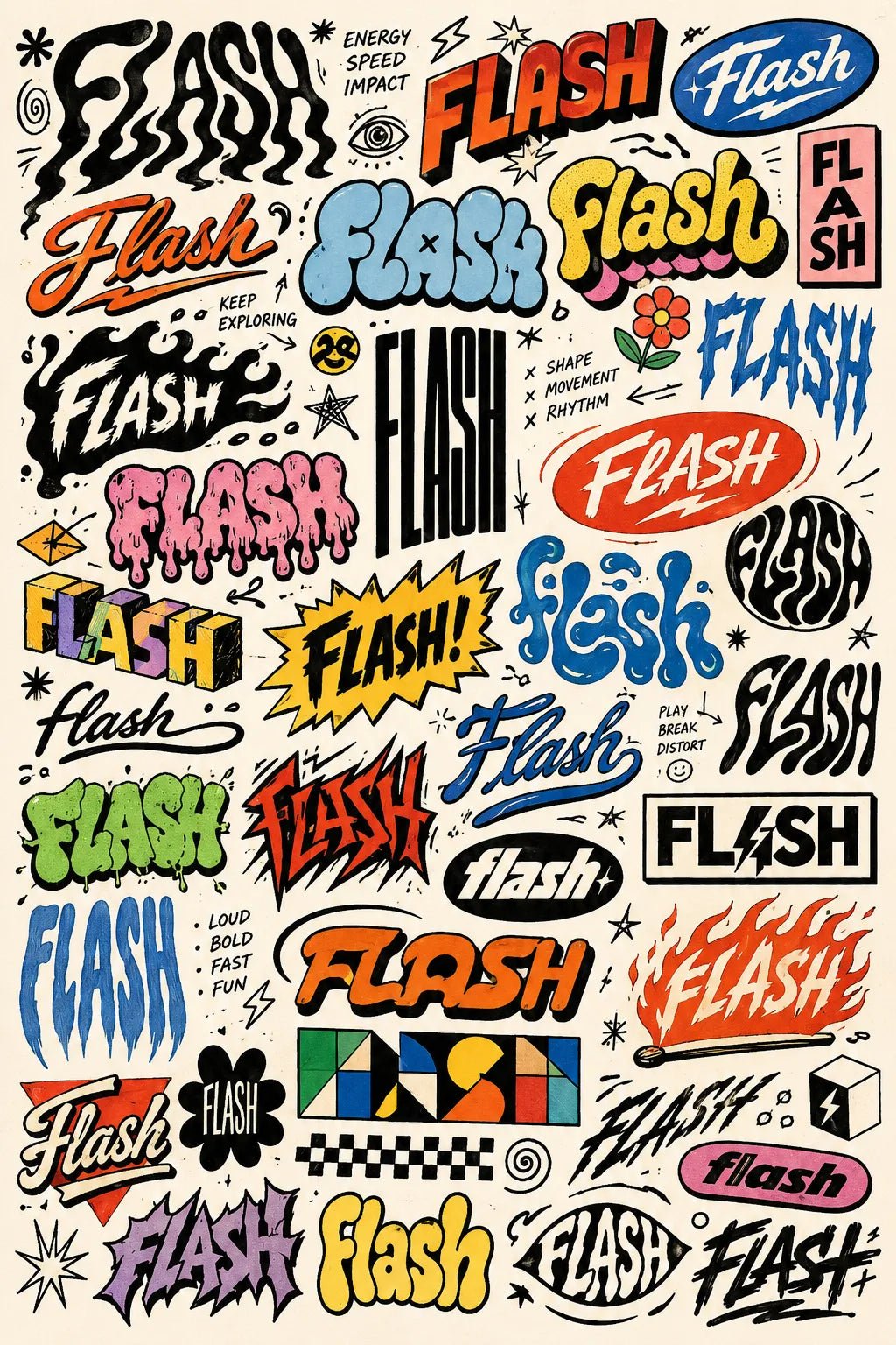 Example output from the Experimental Lettering Concept Sheets ChatGPT prompt: a sketchbook-style lettering concept page exploring the word 'Flash' in dozens of hand-lettering and typographic styles with annotations on off-white paper.