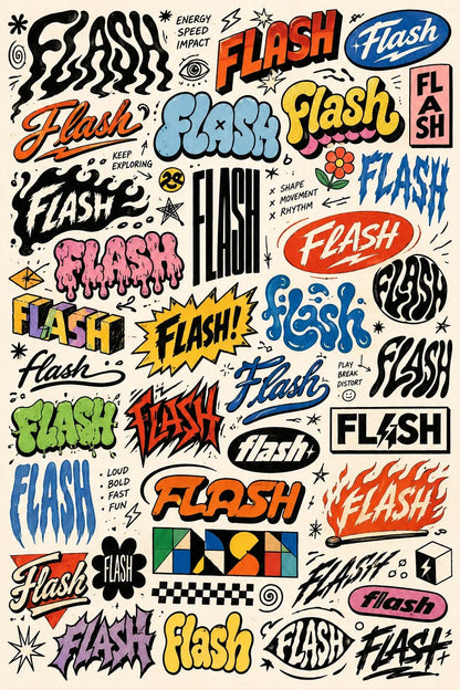 Example output from the Experimental Lettering Concept Sheets ChatGPT prompt: a sketchbook-style lettering concept page exploring the word 'Flash' in dozens of hand-lettering and typographic styles with annotations on off-white paper.