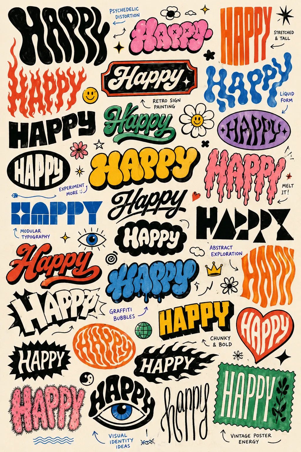 Example output from the Experimental Lettering Concept Sheets ChatGPT prompt: a sketchbook-style lettering concept page exploring the word 'Happy' in dozens of hand-lettering and typographic styles with annotations on off-white paper.