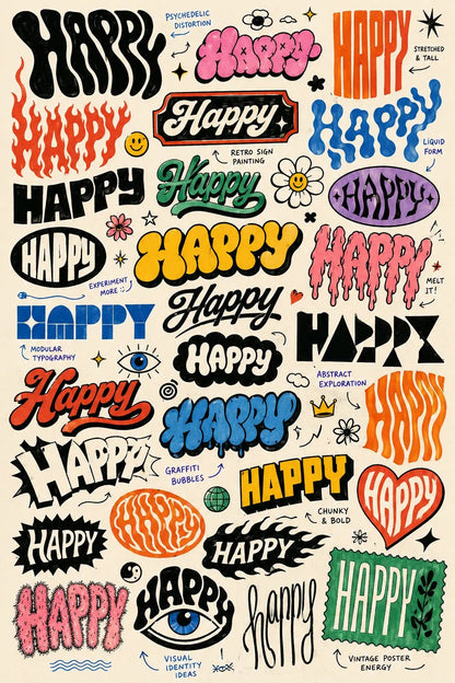 Example output from the Experimental Lettering Concept Sheets ChatGPT prompt: a sketchbook-style lettering concept page exploring the word 'Happy' in dozens of hand-lettering and typographic styles with annotations on off-white paper.
