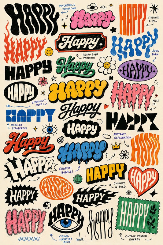 Example output from the Experimental Lettering Concept Sheets ChatGPT prompt: a sketchbook-style lettering concept page exploring the word 'Happy' in dozens of hand-lettering and typographic styles with annotations on off-white paper.