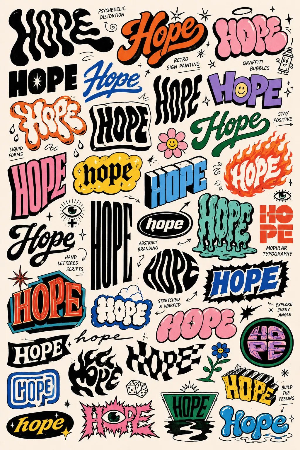 Example output from the Experimental Lettering Concept Sheets ChatGPT prompt: a sketchbook-style lettering concept page exploring the word 'Hope' in dozens of hand-lettering and typographic styles with annotations on off-white paper.