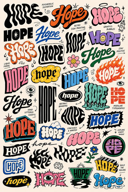 Example output from the Experimental Lettering Concept Sheets ChatGPT prompt: a sketchbook-style lettering concept page exploring the word 'Hope' in dozens of hand-lettering and typographic styles with annotations on off-white paper.