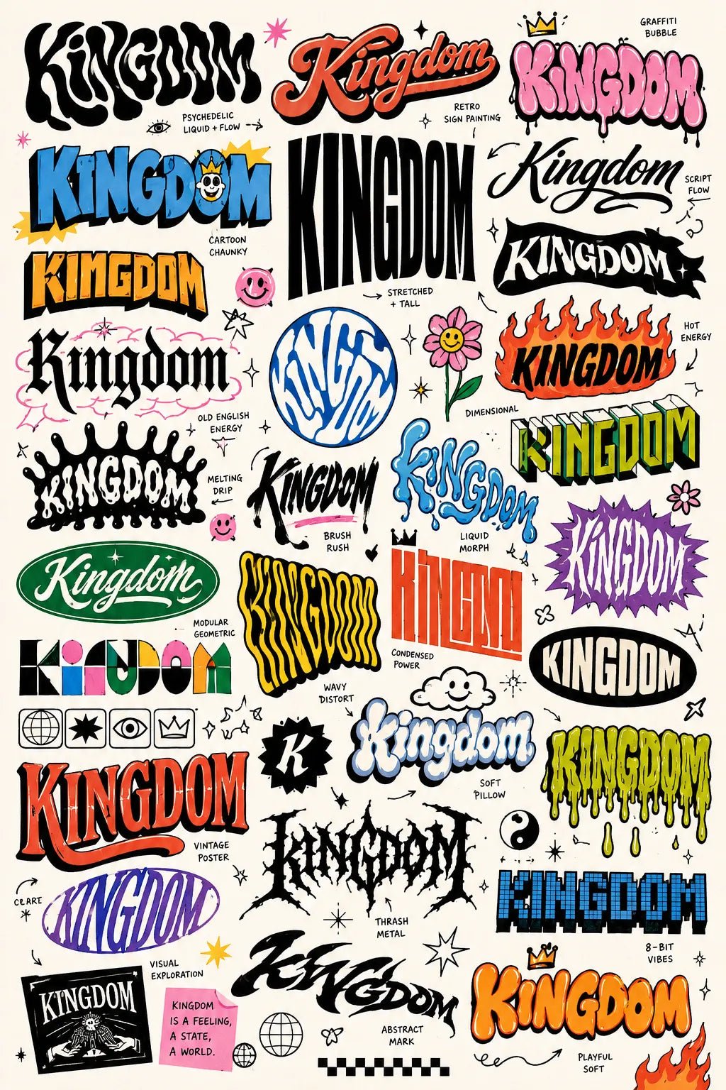 Example output from the Experimental Lettering Concept Sheets ChatGPT prompt: a sketchbook-style lettering concept page exploring the word 'Kingdom' in dozens of hand-lettering and typographic styles with annotations on off-white paper.
