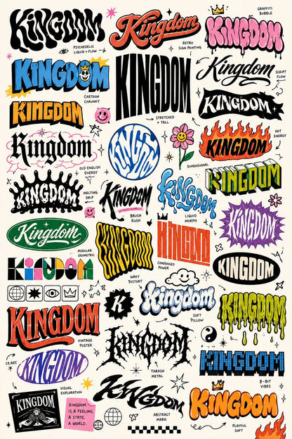Example output from the Experimental Lettering Concept Sheets ChatGPT prompt: a sketchbook-style lettering concept page exploring the word 'Kingdom' in dozens of hand-lettering and typographic styles with annotations on off-white paper.