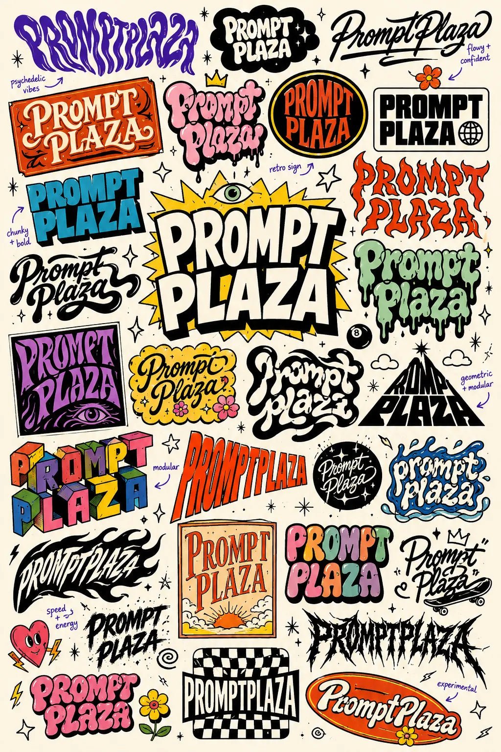 Example output from the Experimental Lettering Concept Sheets ChatGPT prompt: a sketchbook-style lettering concept page exploring the word 'Prompt Plaza' in dozens of hand-lettering and typographic styles with annotations on off-white paper.