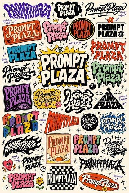 Example output from the Experimental Lettering Concept Sheets ChatGPT prompt: a sketchbook-style lettering concept page exploring the word 'Prompt Plaza' in dozens of hand-lettering and typographic styles with annotations on off-white paper.