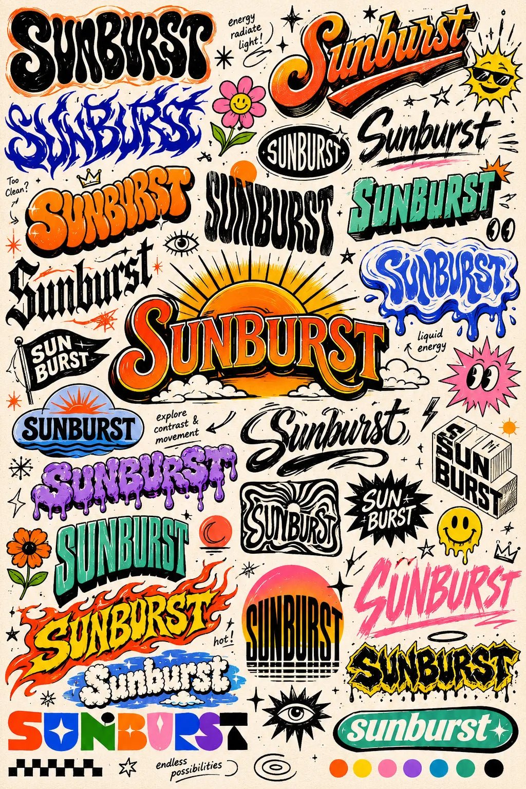 Example output from the Experimental Lettering Concept Sheets ChatGPT prompt: a sketchbook-style lettering concept page exploring the word 'Sunburst' in dozens of hand-lettering and typographic styles with annotations on off-white paper.