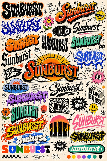 Example output from the Experimental Lettering Concept Sheets ChatGPT prompt: a sketchbook-style lettering concept page exploring the word 'Sunburst' in dozens of hand-lettering and typographic styles with annotations on off-white paper.