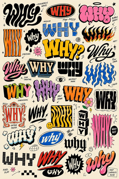 Example output from the Experimental Lettering Concept Sheets ChatGPT prompt: a sketchbook-style lettering concept page exploring the word 'Why' in dozens of hand-lettering and typographic styles with annotations on off-white paper.