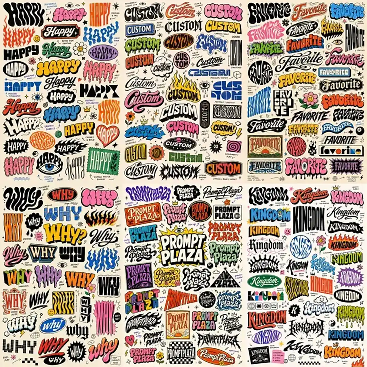 Example output from the Experimental Lettering Concept Sheets ChatGPT prompt: a set of sketchbook-style lettering concept pages, each exploring a single word in dozens of hand-lettering and typographic styles with annotations on off-white paper — including 'Happy', 'Custom', 'Favorite', 'Why', 'Prompt Plaza' and 'Kingdom'.