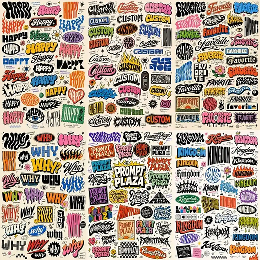 Example output from the Experimental Lettering Concept Sheets ChatGPT prompt: a set of sketchbook-style lettering concept pages, each exploring a single word in dozens of hand-lettering and typographic styles with annotations on off-white paper — including 'Happy', 'Custom', 'Favorite', 'Why', 'Prompt Plaza' and 'Kingdom'.