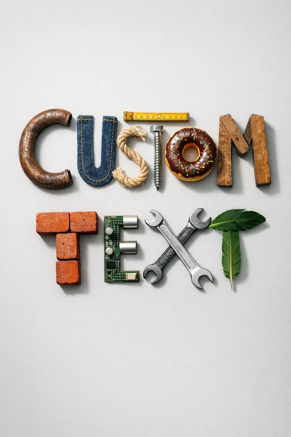 Experimental object typography poster featuring sculptural letters formed from real-world objects, arranged in a clean gallery-style composition: Custom Text