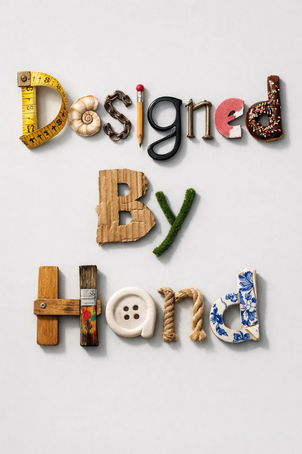 Experimental object typography poster featuring sculptural letters formed from real-world objects, arranged in a clean gallery-style composition: Designed By Hand