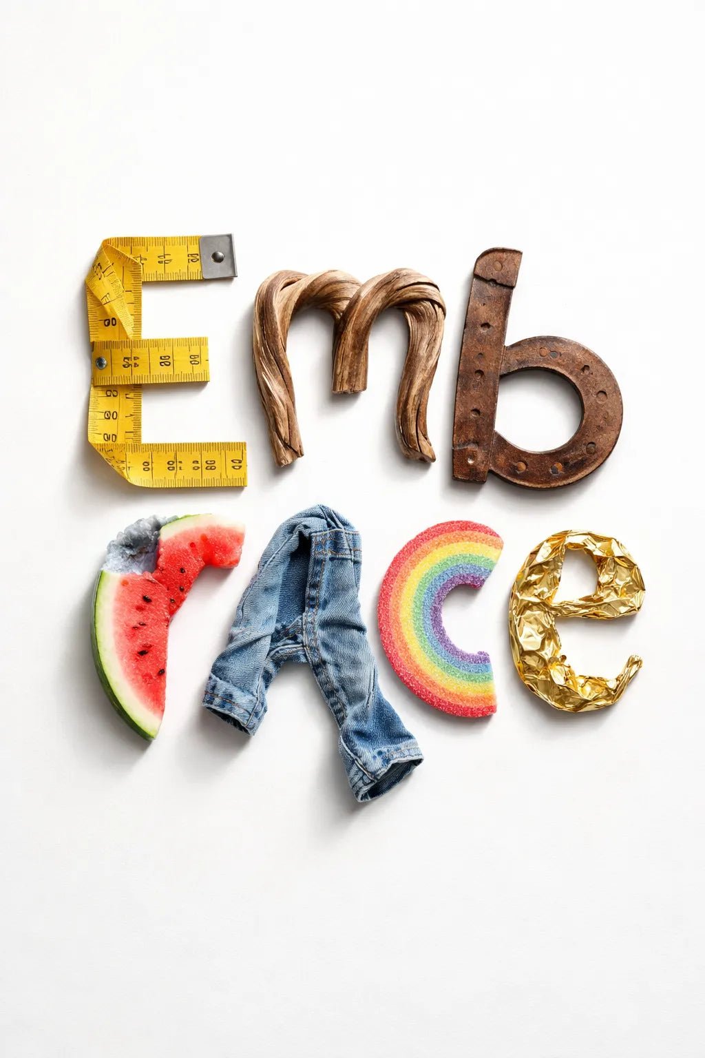 Experimental object typography poster featuring sculptural letters formed from real-world objects, arranged in a clean gallery-style composition: Embrace