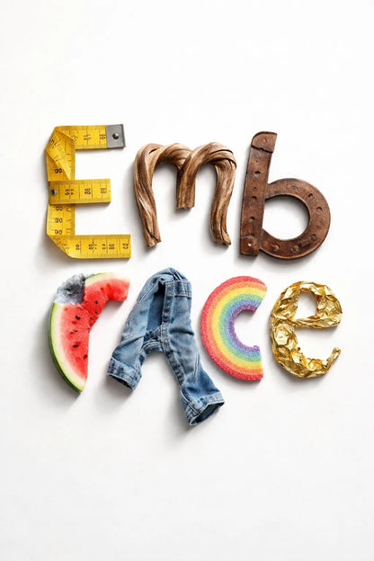 Experimental object typography poster featuring sculptural letters formed from real-world objects, arranged in a clean gallery-style composition: Embrace