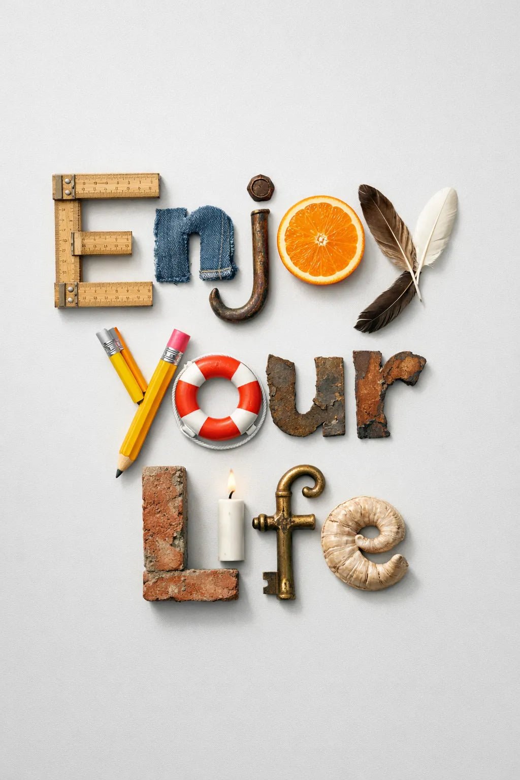 Experimental object typography poster featuring sculptural letters formed from real-world objects, arranged in a clean gallery-style composition: Enjoy your life