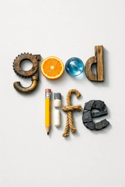 Experimental object typography poster featuring sculptural letters formed from real-world objects, arranged in a clean gallery-style composition: Good life