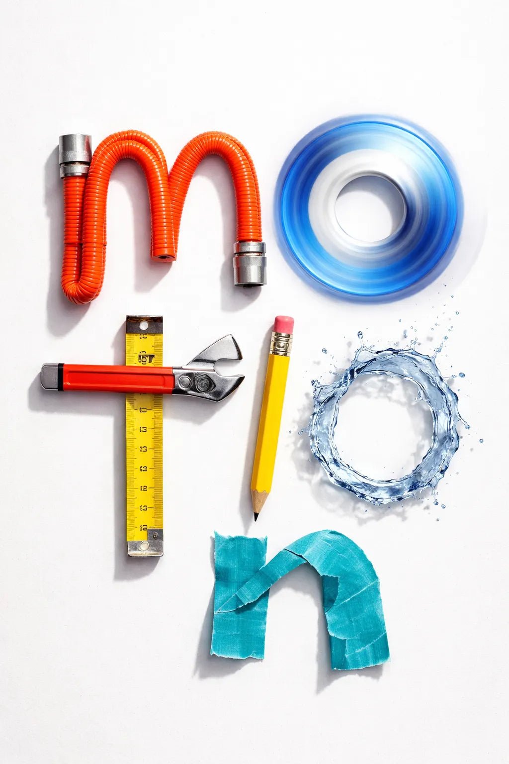 Experimental object typography poster featuring sculptural letters formed from real-world objects, arranged in a clean gallery-style composition: Motion