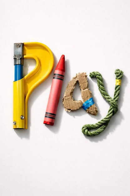 Experimental object typography poster featuring sculptural letters formed from real-world objects, arranged in a clean gallery-style composition: Play