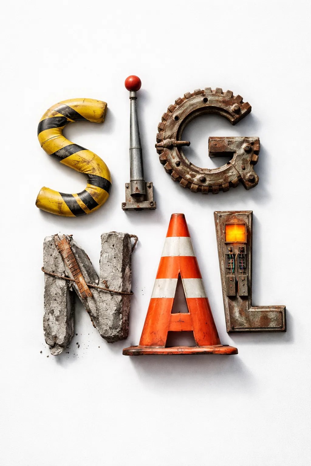 Experimental object typography poster featuring sculptural letters formed from real-world objects, arranged in a clean gallery-style composition: Signal
