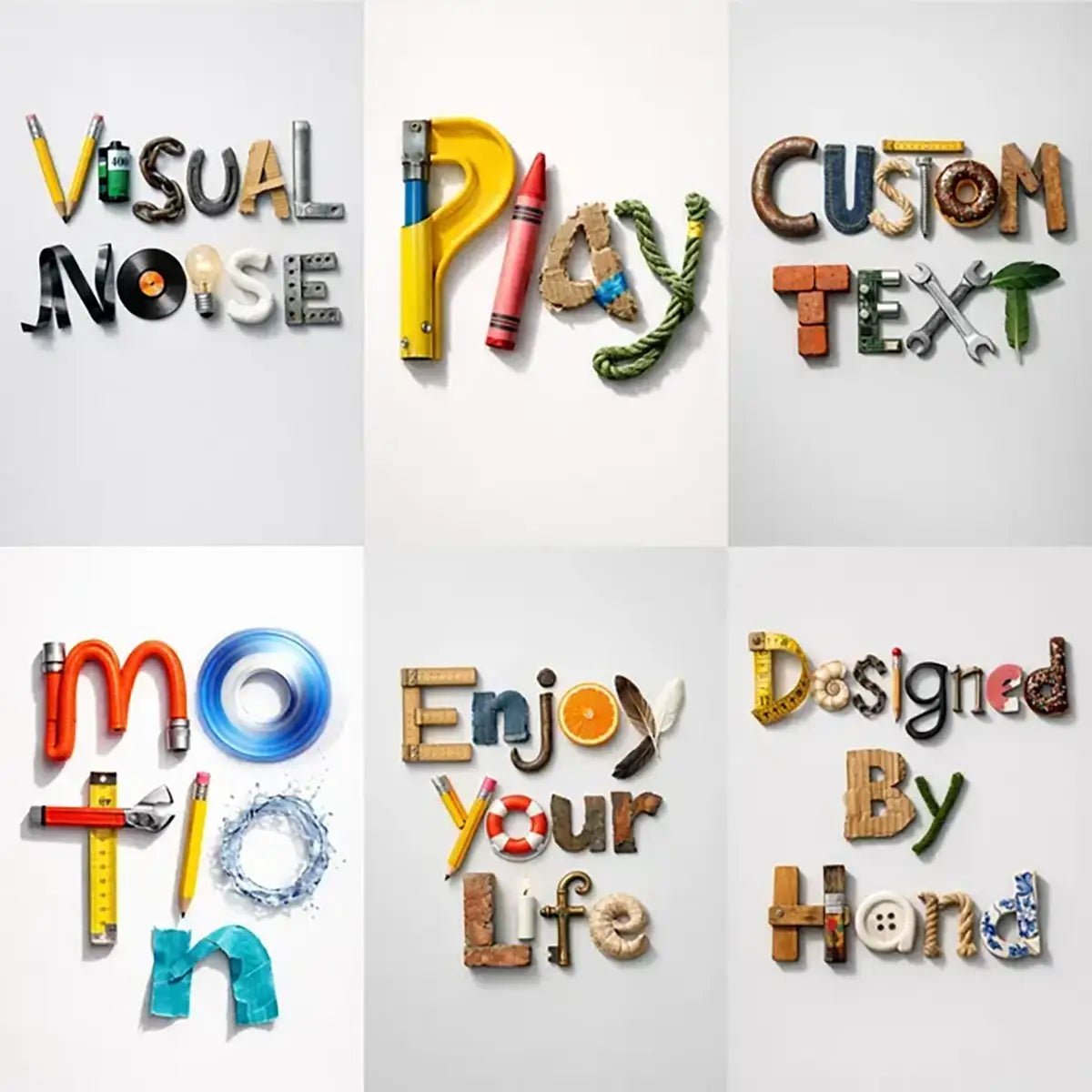 Six Experimental object typography posters featuring sculptural letters formed from real-world objects, arranged in a clean gallery-style composition