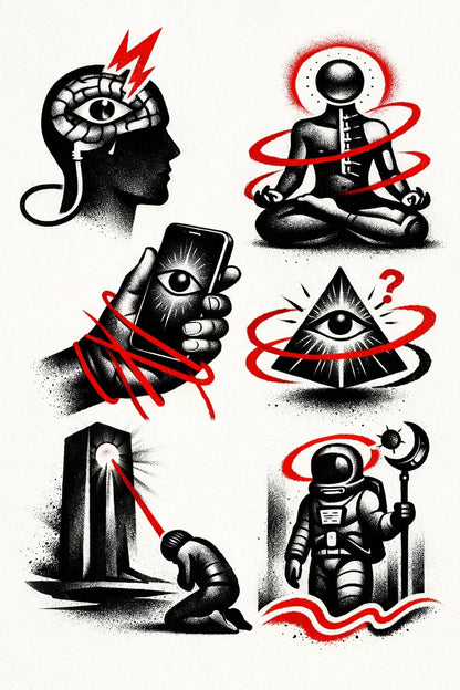 Example output from the Experimental Tattoo Flash Sheet ChatGPT prompt: Consciousness