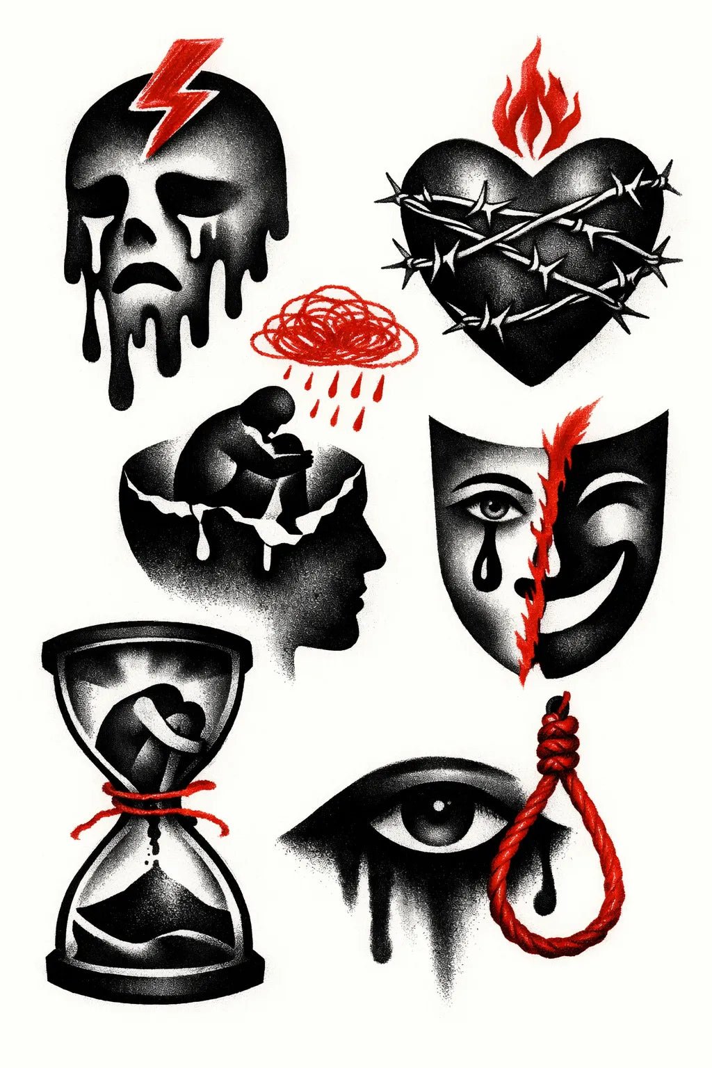 Example output from the Experimental Tattoo Flash Sheet ChatGPT prompt: Emotional Collapse