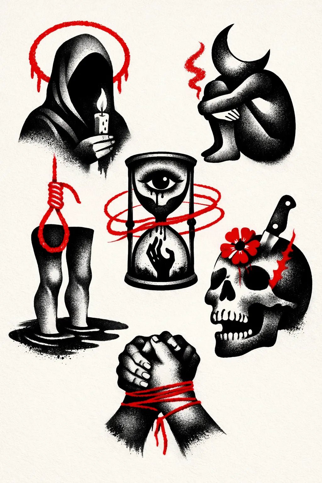 Example output from the Experimental Tattoo Flash Sheet ChatGPT prompt: Guilt