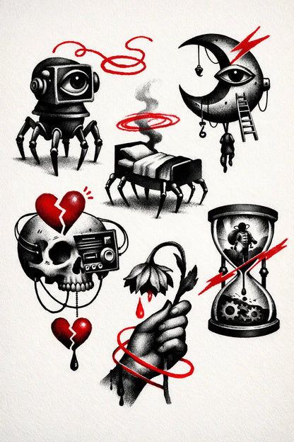 Example output from the Experimental Tattoo Flash Sheet ChatGPT prompt: Mechanical Isolation