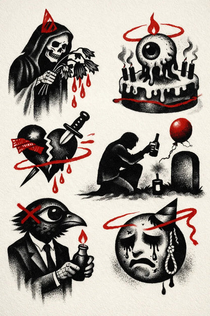 Example output from the Experimental Tattoo Flash Sheet ChatGPT prompt: Mortality Rituals