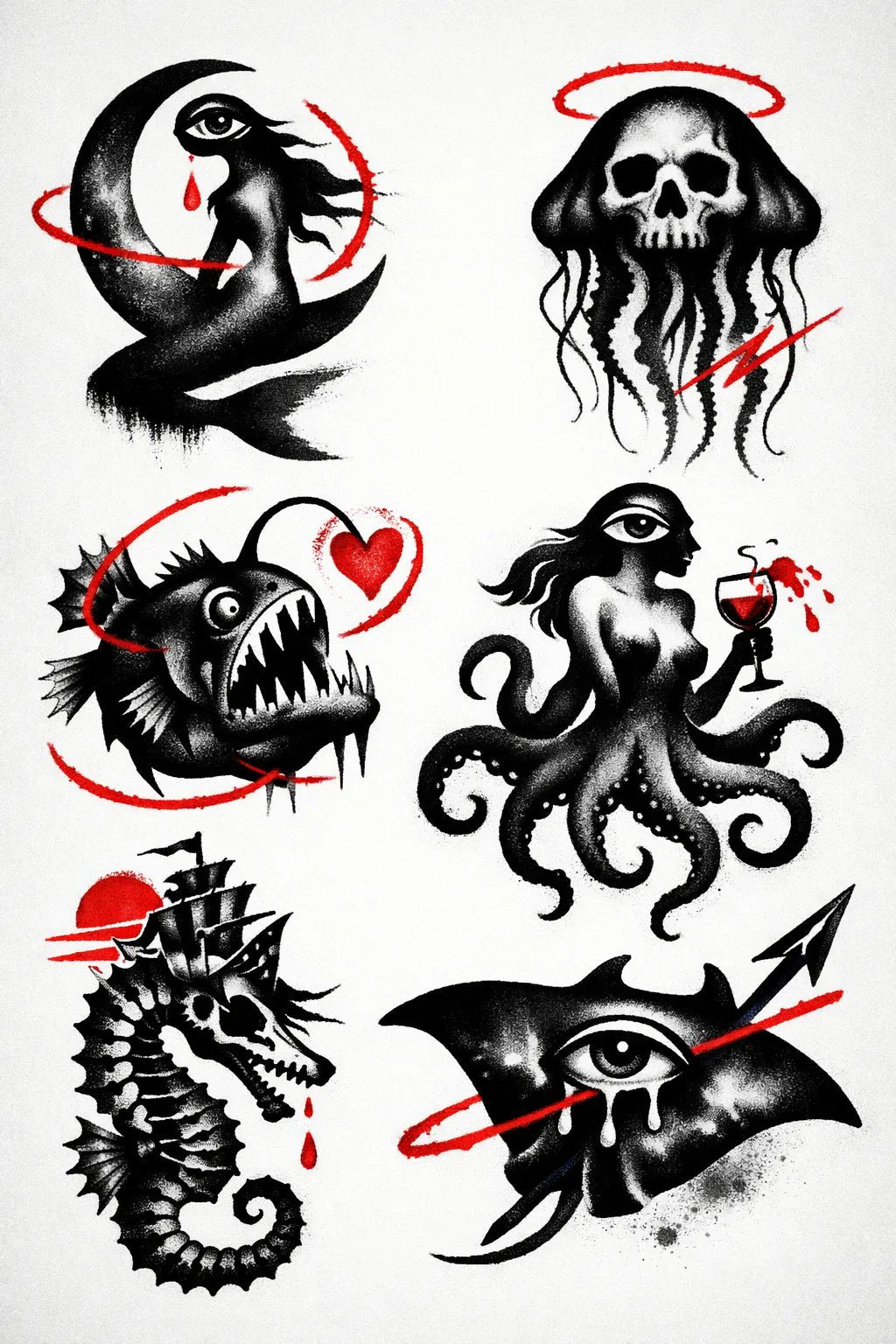 Example output from the Experimental Tattoo Flash Sheet ChatGPT prompt: Ocean Creatures