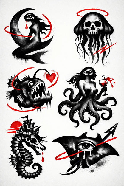 Example output from the Experimental Tattoo Flash Sheet ChatGPT prompt: Ocean Creatures