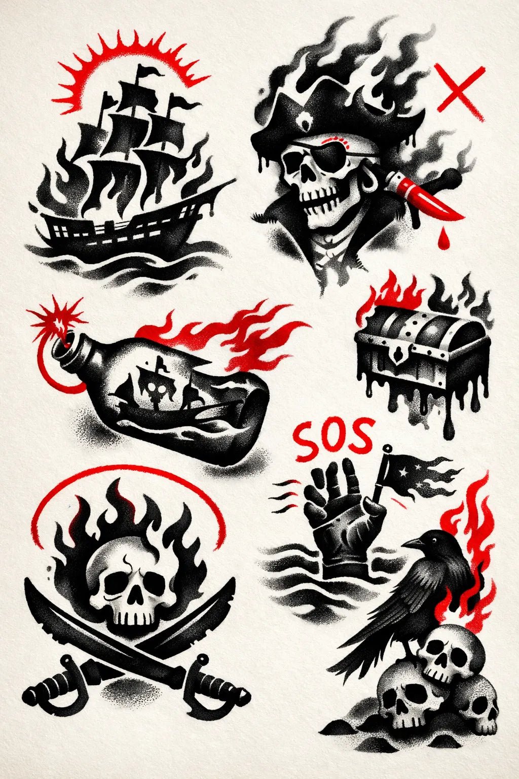 Example output from the Experimental Tattoo Flash Sheet ChatGPT prompt: Pirates