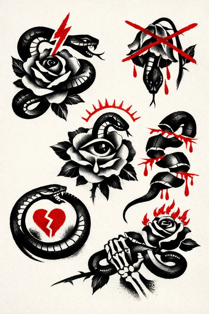 Example output from the Experimental Tattoo Flash Sheet ChatGPT prompt: Snakes and Roses