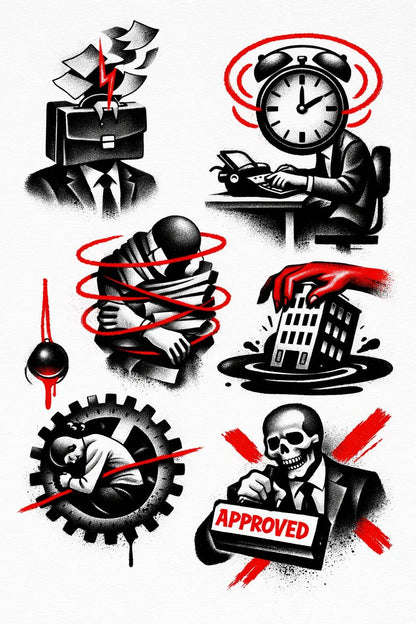 Example output from the Experimental Tattoo Flash Sheet ChatGPT prompt: Systemic Pressure