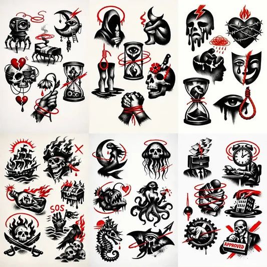 Example output from the Experimental Tattoo Flash Sheet ChatGPT prompt: a full flash sheet of surreal tattoo designs featuring bold black silhouettes, expressive red line accents, dark symbolic imagery, and high-contrast compositions arranged on clean negative space backgrounds.