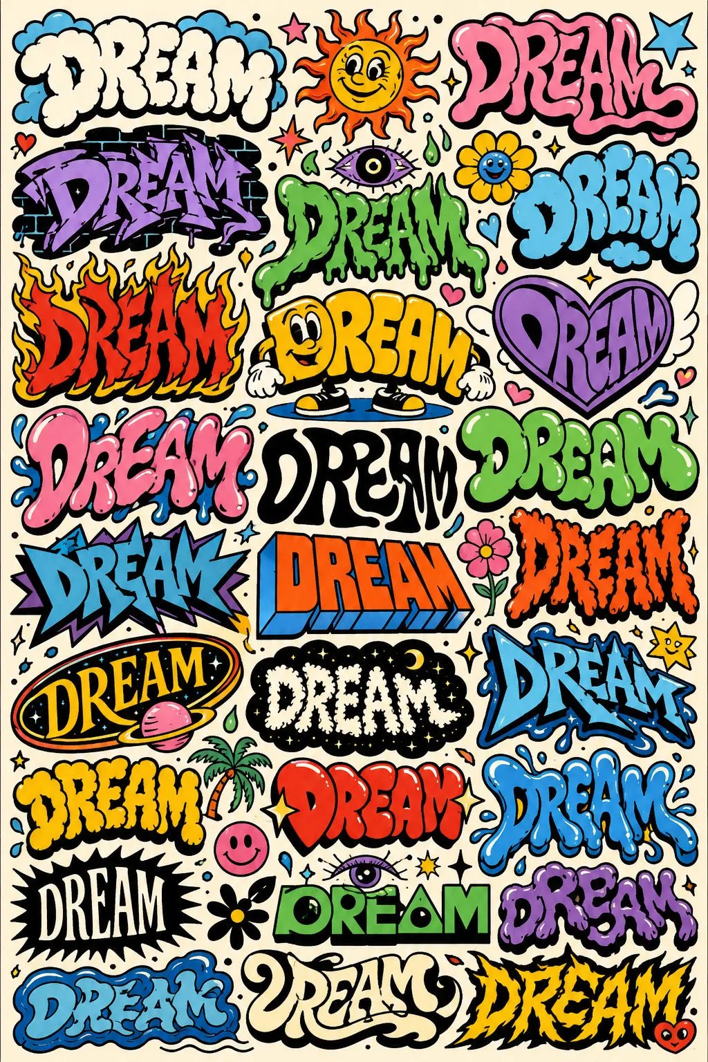 Example output from the Experimental Typography Archive Posters ChatGPT prompt: the word DREAM reinvented in dozens of colorful retro sticker lettering styles on a cohesive graphic poster.