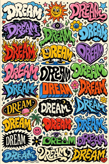 Example output from the Experimental Typography Archive Posters ChatGPT prompt: the word DREAM reinvented in dozens of colorful retro sticker lettering styles on a cohesive graphic poster.