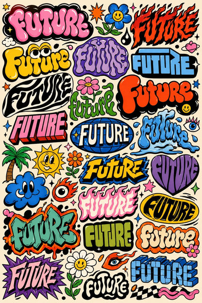 Example output from the Experimental Typography Archive Posters ChatGPT prompt: the word FUTURE reinvented in dozens of colorful retro sticker lettering styles on a cohesive graphic poster.