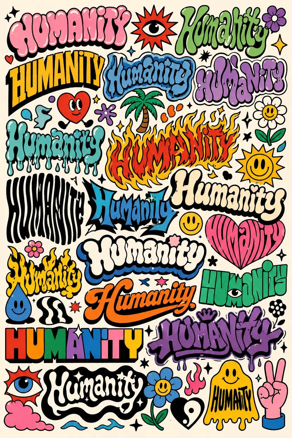 Example output from the Experimental Typography Archive Posters ChatGPT prompt: the word HUMANITY reinvented in dozens of colorful retro sticker lettering styles on a cohesive graphic poster.