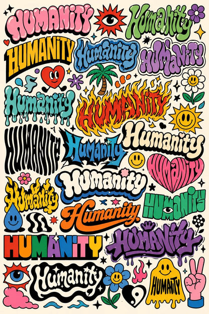Example output from the Experimental Typography Archive Posters ChatGPT prompt: the word HUMANITY reinvented in dozens of colorful retro sticker lettering styles on a cohesive graphic poster.