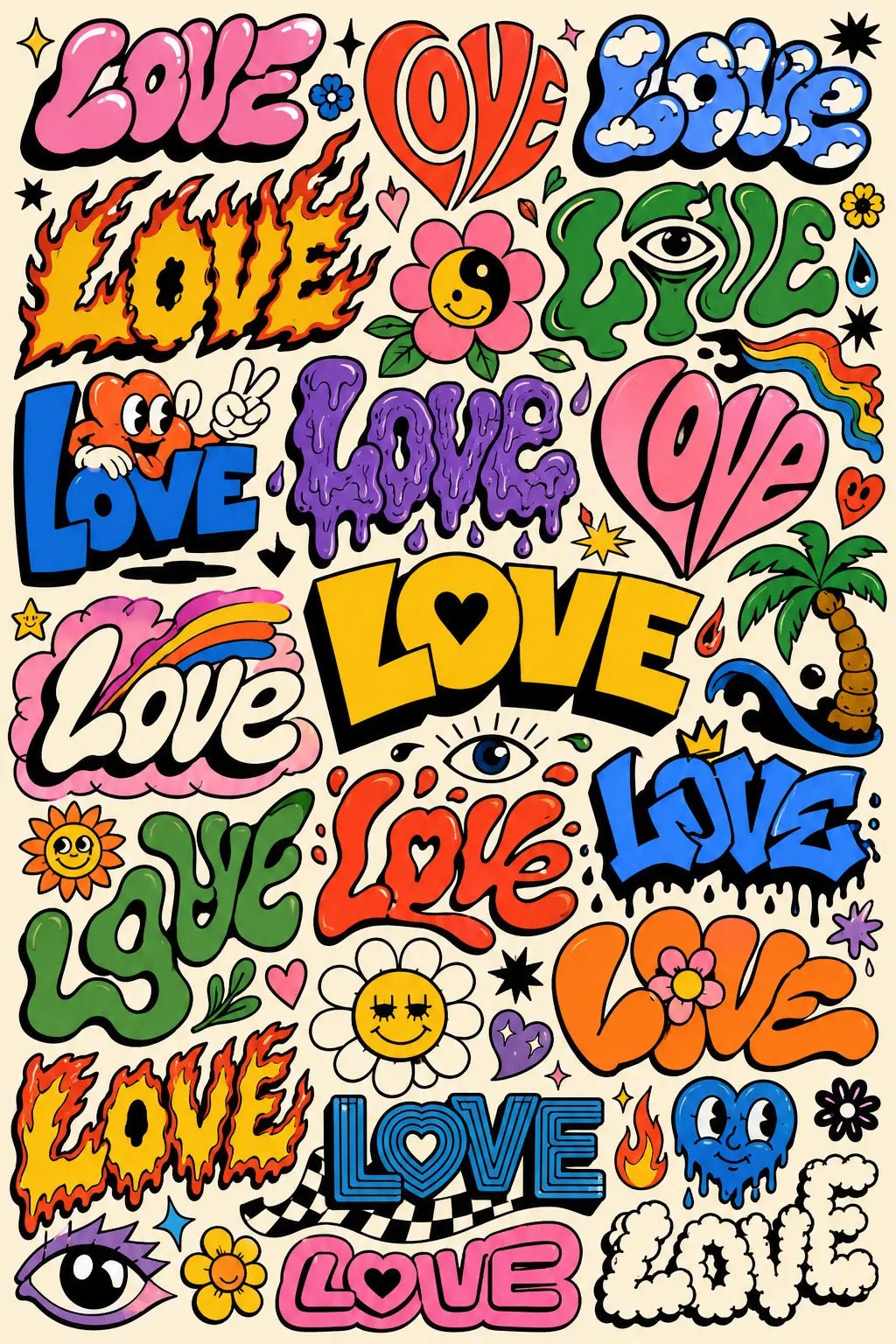 Example output from the Experimental Typography Archive Posters ChatGPT prompt: the word LOVE reinvented in dozens of colorful retro sticker lettering styles on a cohesive graphic poster.