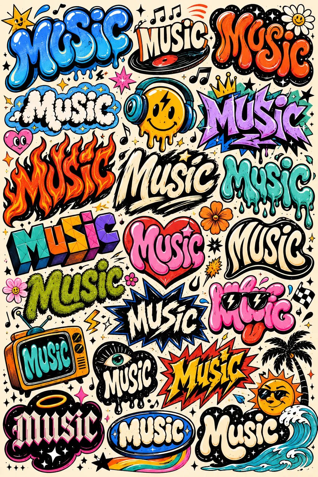 Example output from the Experimental Typography Archive Posters ChatGPT prompt: the word MUSIC reinvented in dozens of colorful retro sticker lettering styles on a cohesive graphic poster.